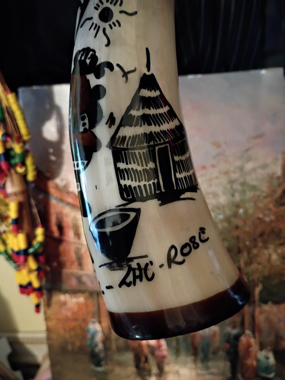 SENIGAL LHC-ROSE Hand-Painted Ivory Decorative Horn with Black Tribal Sketch.